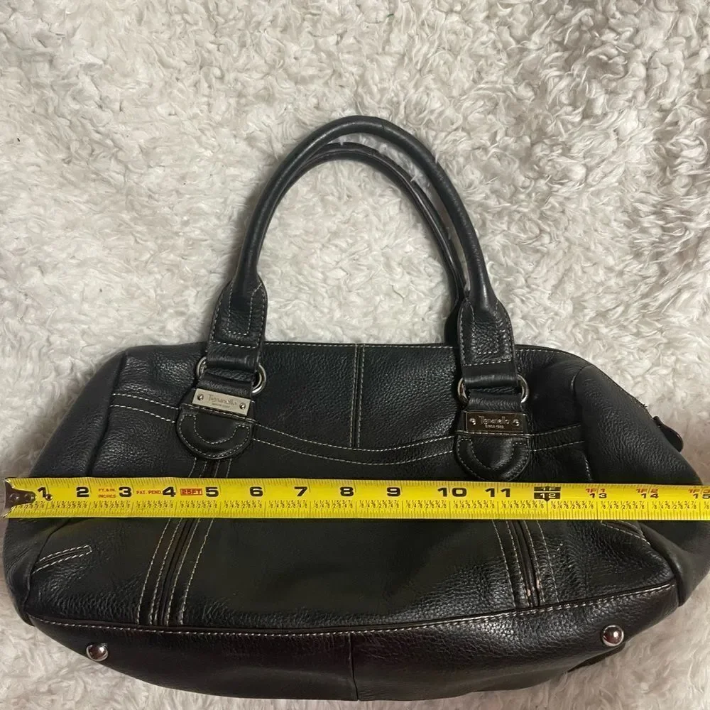 Tignanello leather black Medium Satchel silver tone hardwares.